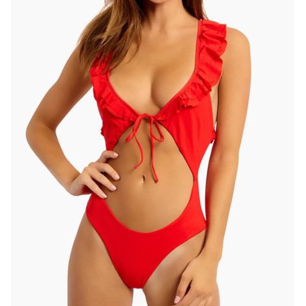 Blue Life Rumba Ruffle One Piece Swim Red Bathing Suit Size Small EUC S